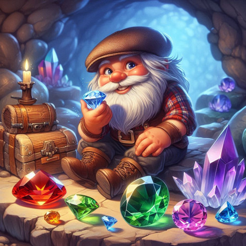 Ein Männlein in einer Höhle mit Edelsteinen